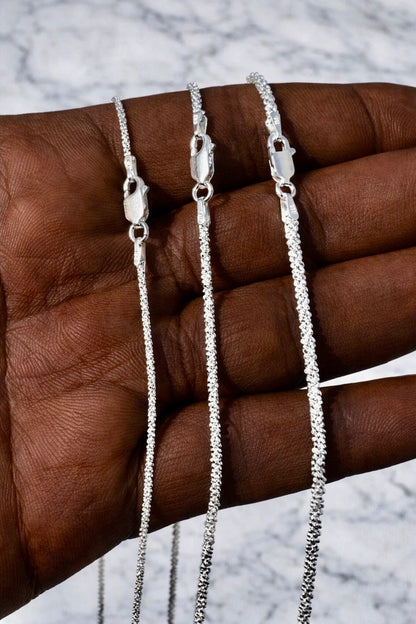 925 Sterling Silver Margarita Sparkle Rope Chains 1mm, 2mm, 3mm