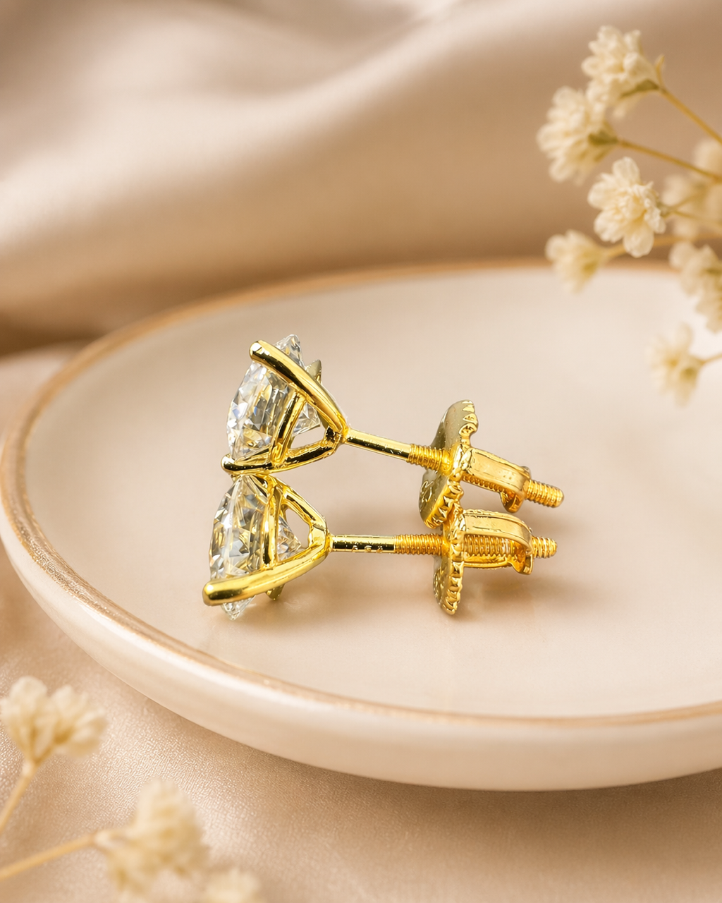 Gold Over Sterling Silver Moissanite 3 Prong Martini Set Solitaire Stud Earrings 3mm to 10mm SCREW BACKS
