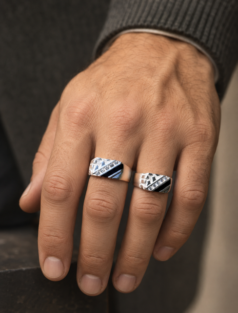 Classic Black Nugget Ring Design (925 Sterling Silver with CZ Stone Accents)