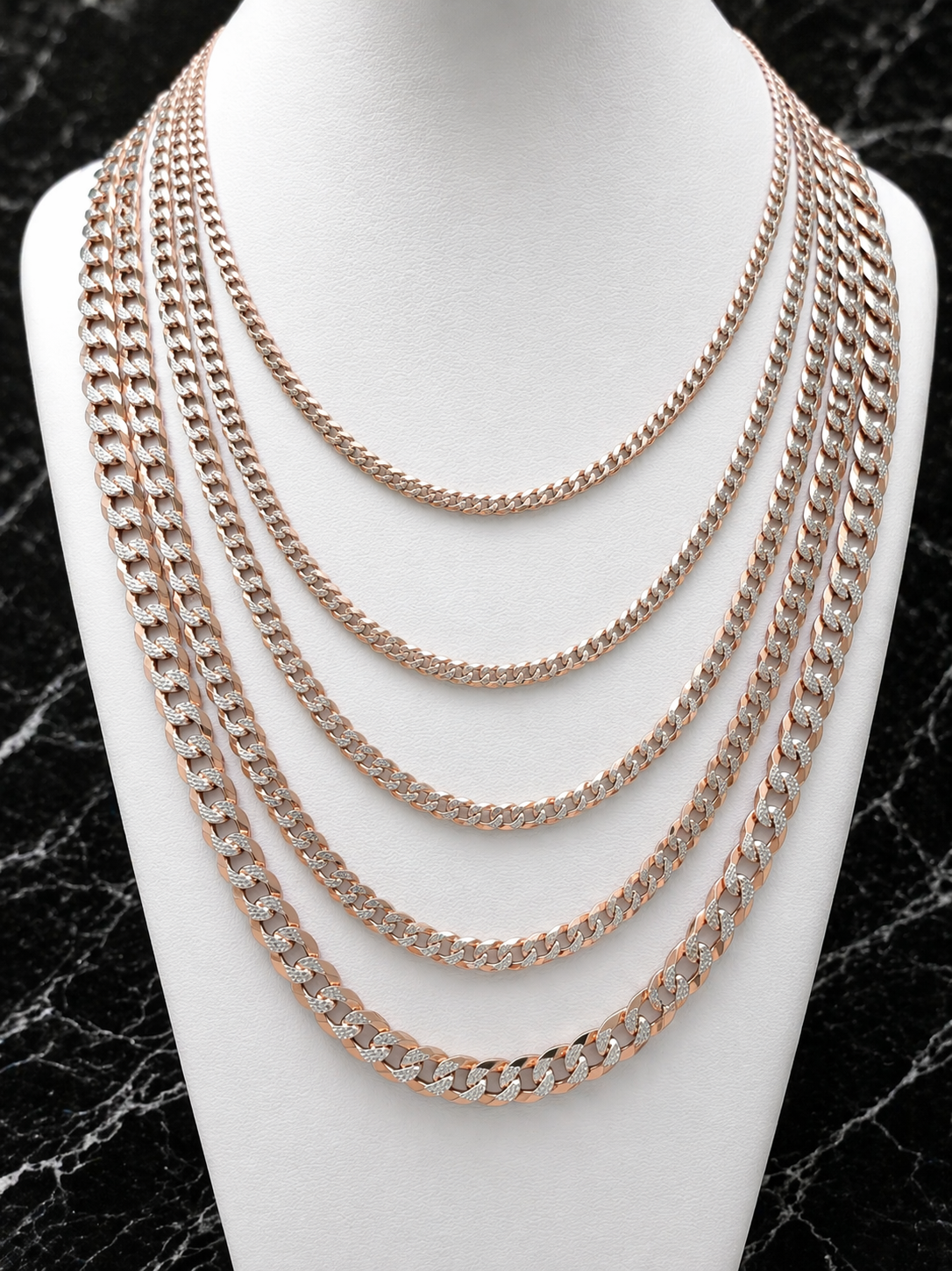 Two Tone Diamond Cut FLAT Curb Cuban Chains 14k Rose Gold Finish & Solid 925 Sterling Silver 3mm to 10.5mm (Copy)