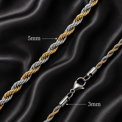 Two gold and silver chains on a black satin background with measurements indicated.
