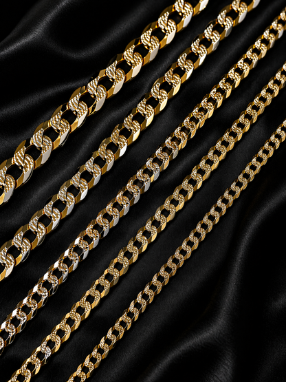 Diamond Cut FLAT Curb Cuban Chains 14k Gold Finish over Solid 925 Sterling Silver 3mm to 10.5mm