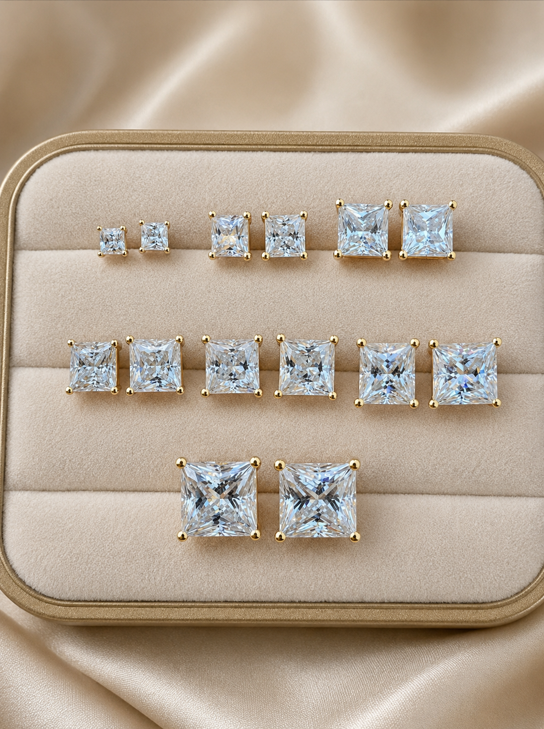 Moissanite Princess Cut Stud Earrings (14k Gold Vermeil, 925 Silver, 3mm–9mm)