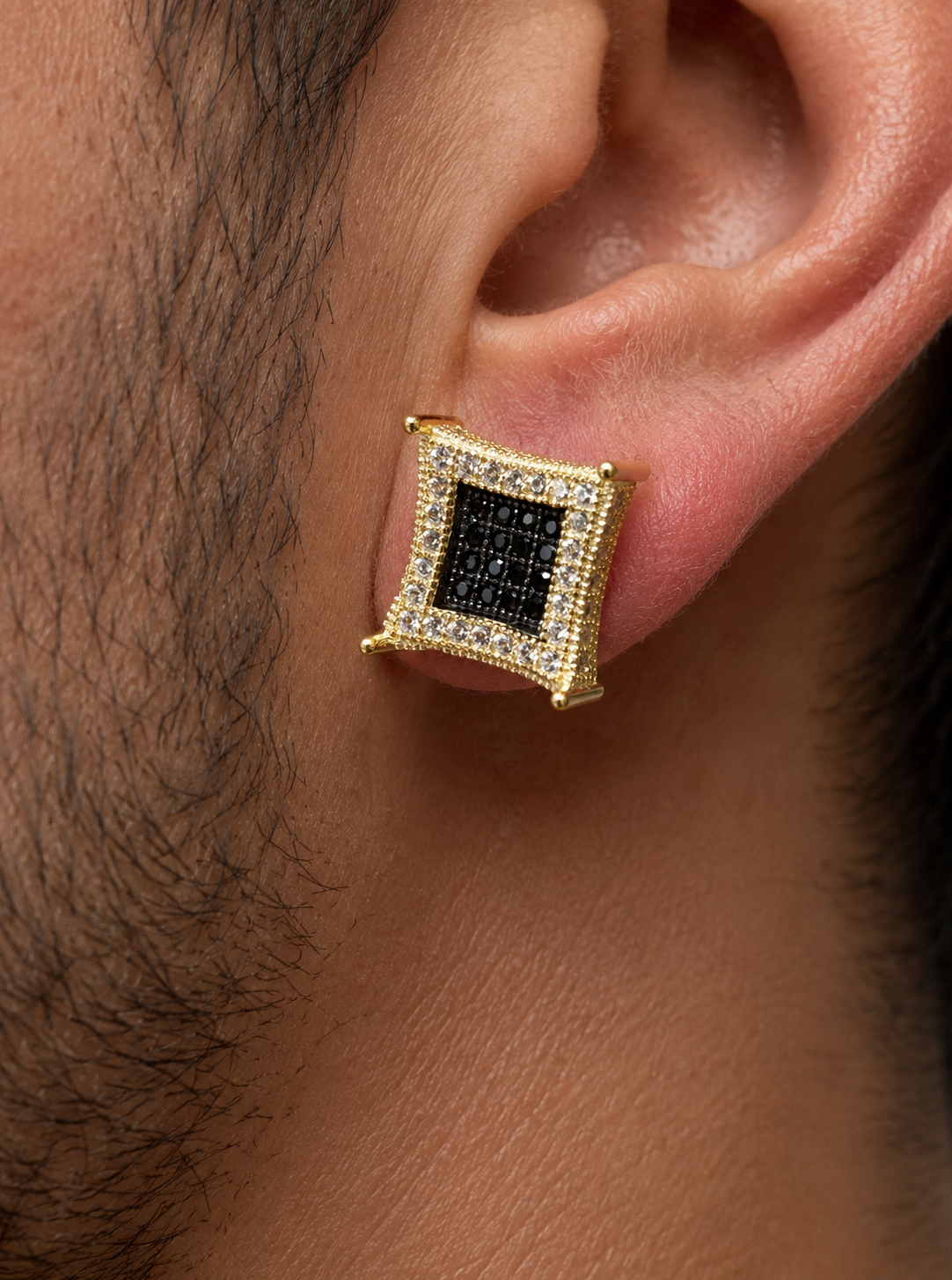 Men's 14K Gold Plated 925 Silver Iced Kite Black CZ Square Earrings Studs