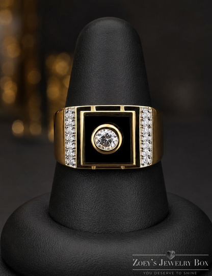 Gold Onyx Moissanite Solitaire Ring