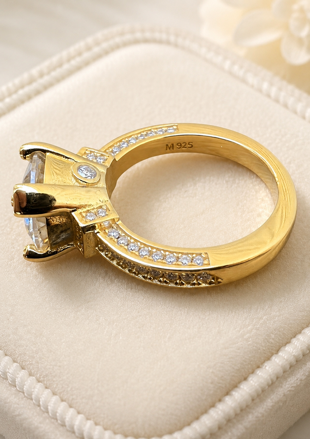 Moissanite Princess Style Italian Engagement Ring (14K Gold Vermeil on Solid 925 Silver)