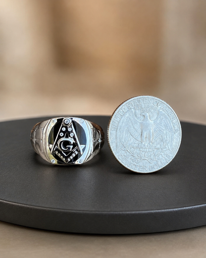 Silver Onyx Moissanite Mason Ring