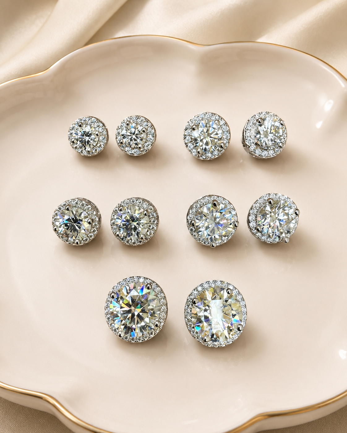 925 Sterling Silver Moissanite Halo Set Stud Earrings 7mm - 12mm