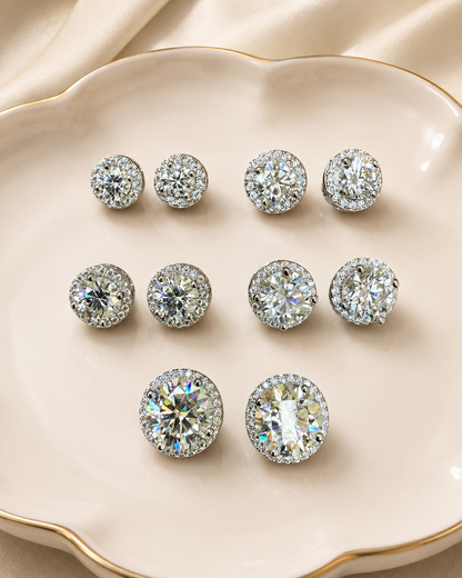 925 Sterling Silver Moissanite Halo Set Stud Earrings 7mm - 12mm