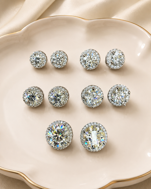 925 Sterling Silver Moissanite Halo Set Stud Earrings 7mm - 12mm