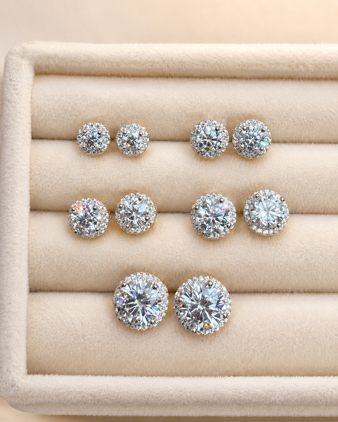 Premium Moissanite Iced Out Halo Stud Earring Set 14k Gold Vermeil over 925 Sterling Silver