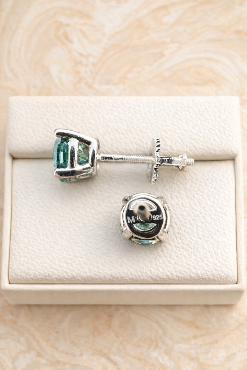 Green-Blue Moissanite 925 Sterling Silver Stud Earrings 3mm - 8mm Screw Backs