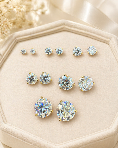 Gold Over Sterling Silver Moissanite 3 Prong Martini Set Solitaire Stud Earrings 3mm to 10mm SCREW BACKS