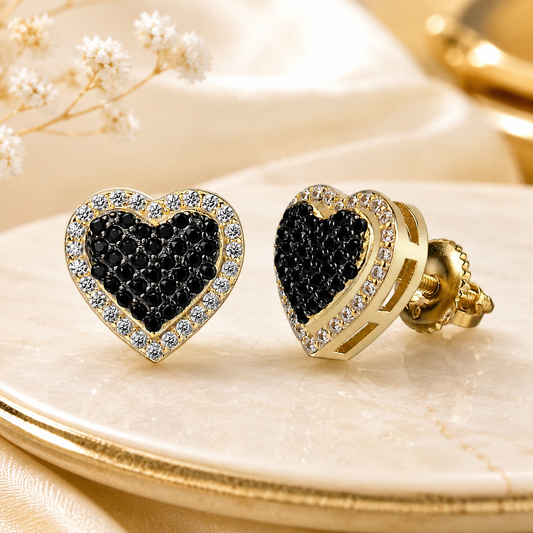 Black Ice CZ Heart Shape Stud Earrings – Gold Over 925 Sterling Silver