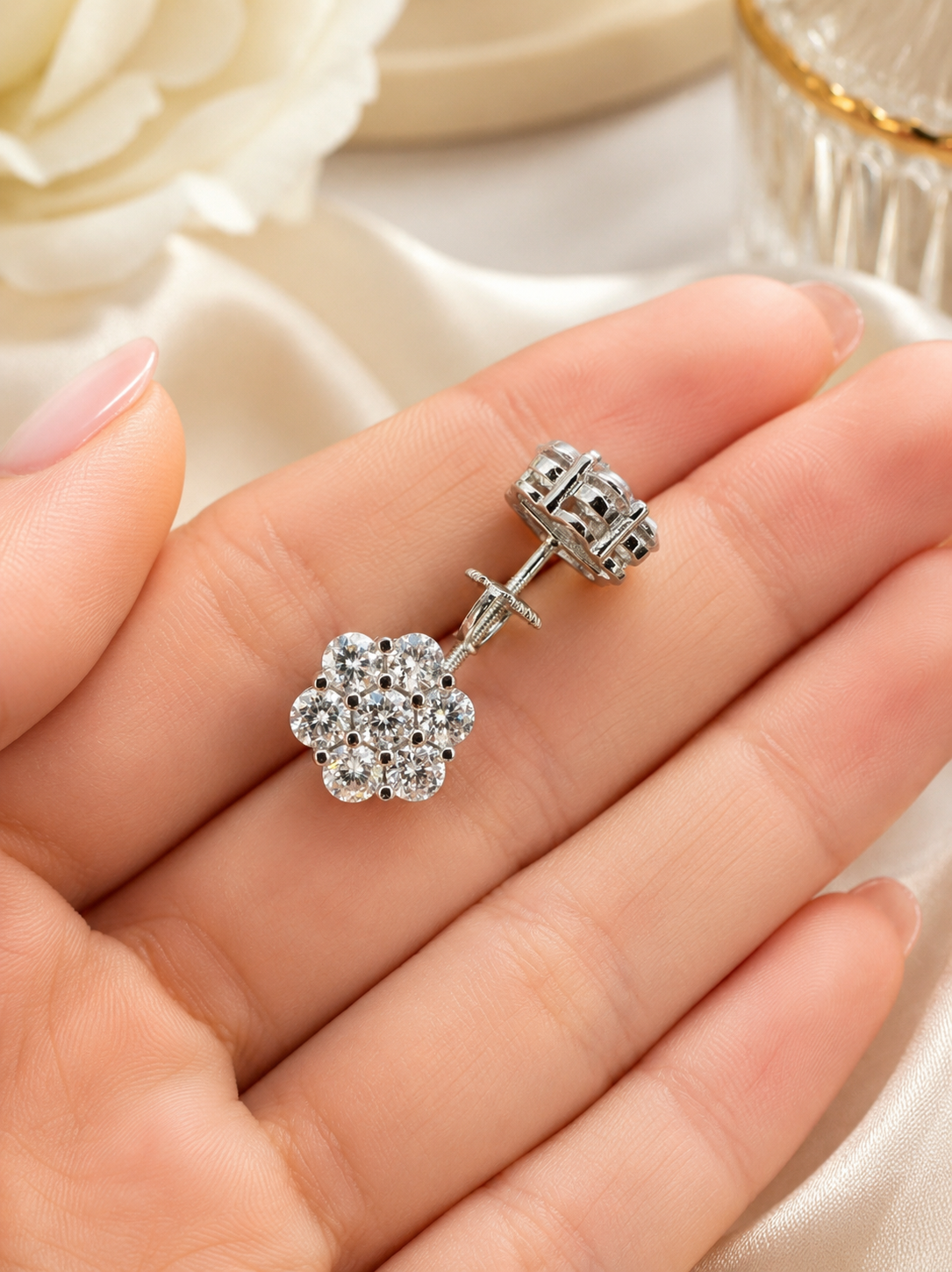 925 Sterling Silver Moissanite Floral Honeycomb Design Stud Earrings 6mm - 11mm