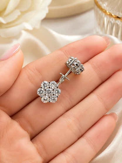925 Sterling Silver Moissanite Floral Honeycomb Design Stud Earrings 6mm - 11mm