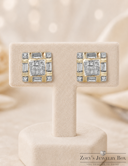 Two Tone Checkered Baguette CZ Square Earrings