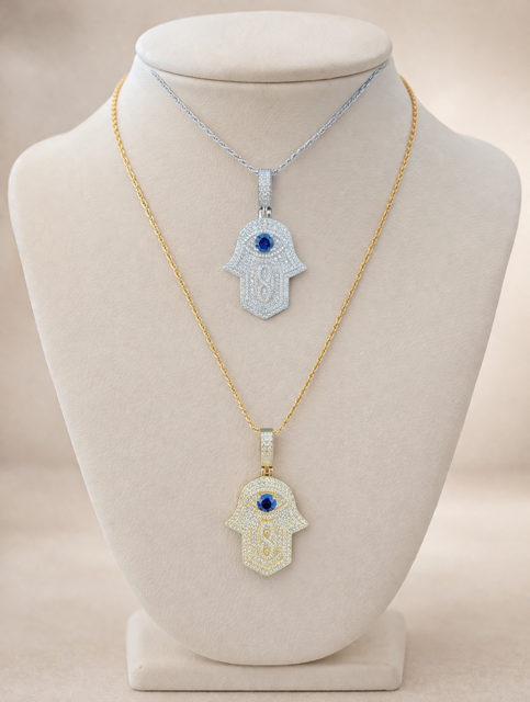 Moissanite Hamsa Evil Eye Pendant Simulated Sapphire Sterling Silver ~ Gold or Rhodium Finish