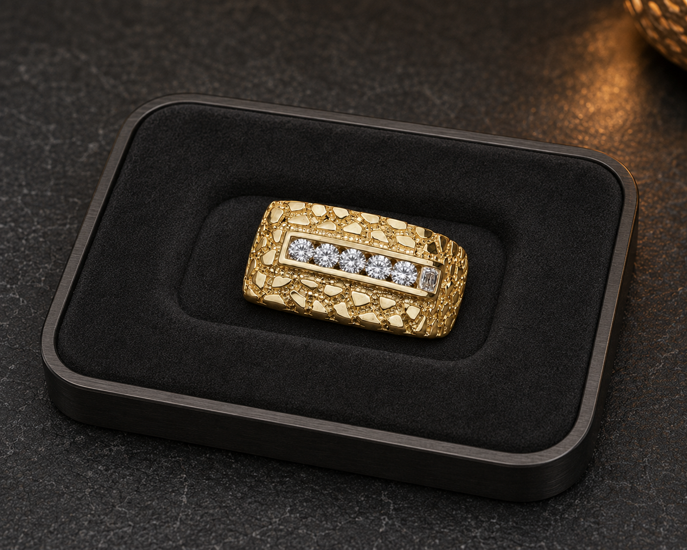 Gold Channel Set Nugget Ring 925 Silver CZ Stones