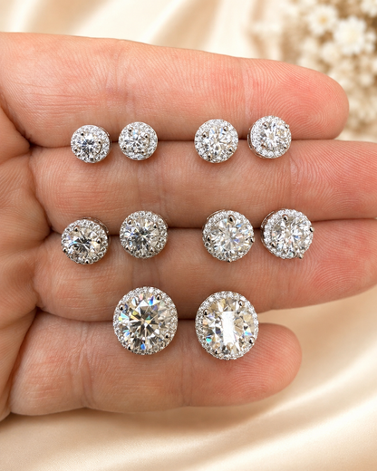 925 Sterling Silver Moissanite Halo Set Stud Earrings 7mm - 12mm