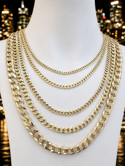 Diamond Cut FLAT Curb Cuban Chains 14k Gold Finish over Solid 925 Sterling Silver 3mm to 10.5mm
