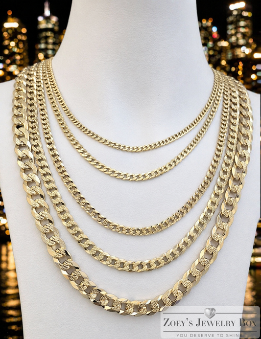 Diamond Cut FLAT Curb Cuban Chains 14k Gold Finish over Solid 925 Sterling Silver 3mm to 10.5mm