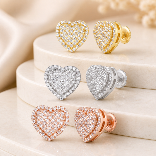Iced Out Heart Stud Earrings – Rhodium, 14k Gold, or Rose Gold Finish