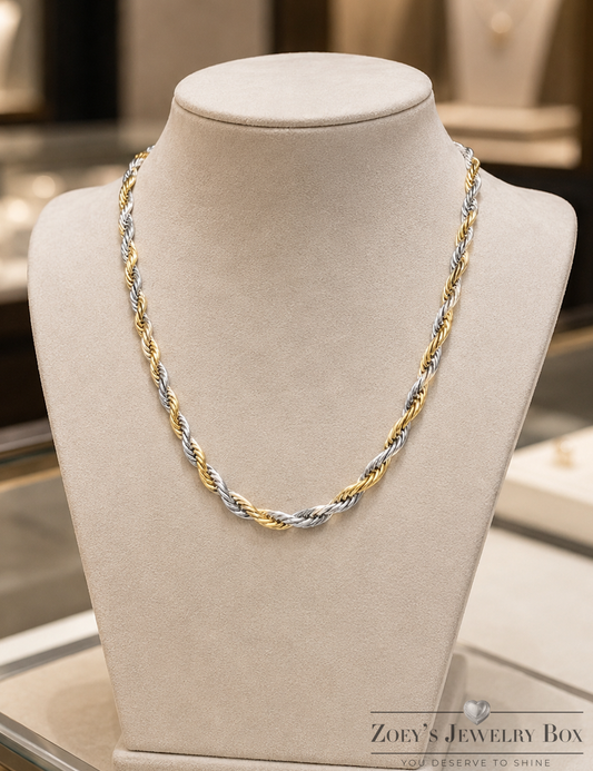 Two Tone 18k Gold and Stainless Steel Rope Chain 3mm and 5mm