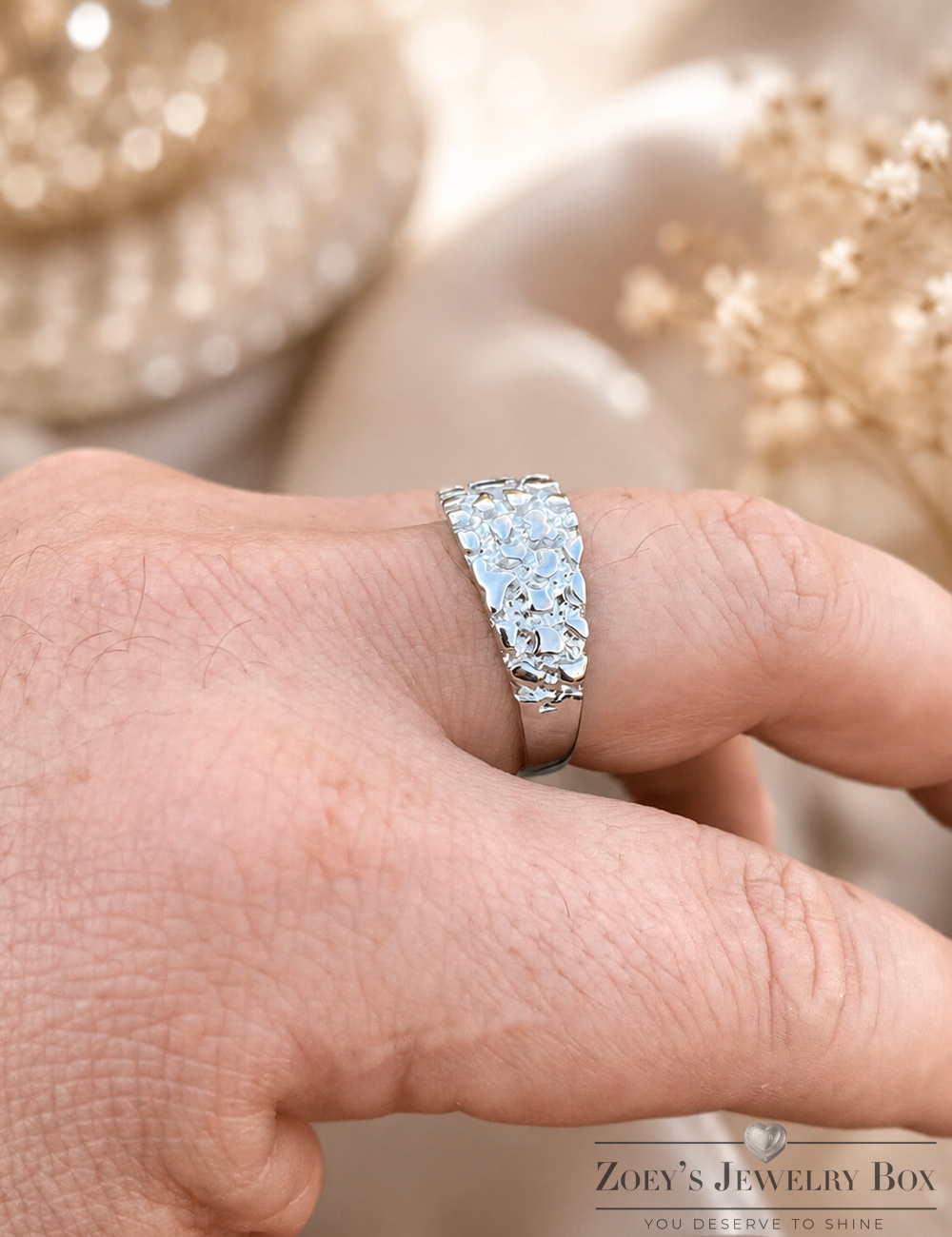 Silver Alaskan Nugget Ring Solid 925 Sterling Silver Rhodium Finish