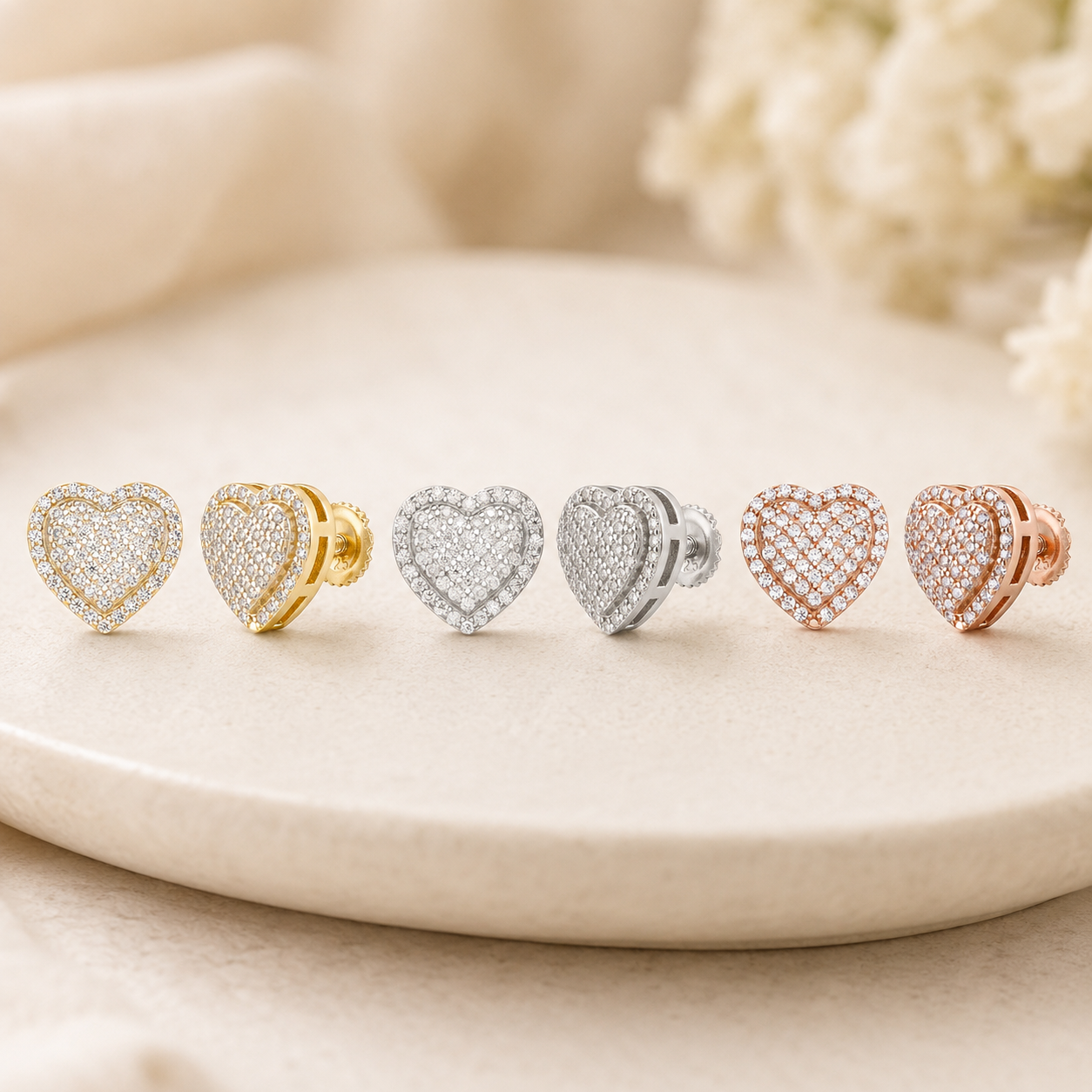 Iced Out Heart Stud Earrings – Rhodium, 14k Gold, or Rose Gold Finish