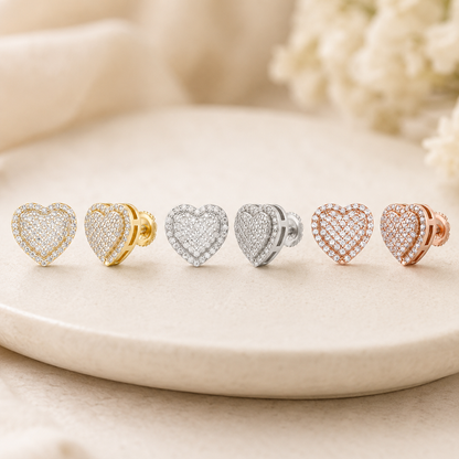 Iced Out Heart Stud Earrings – Rhodium, 14k Gold, or Rose Gold Finish