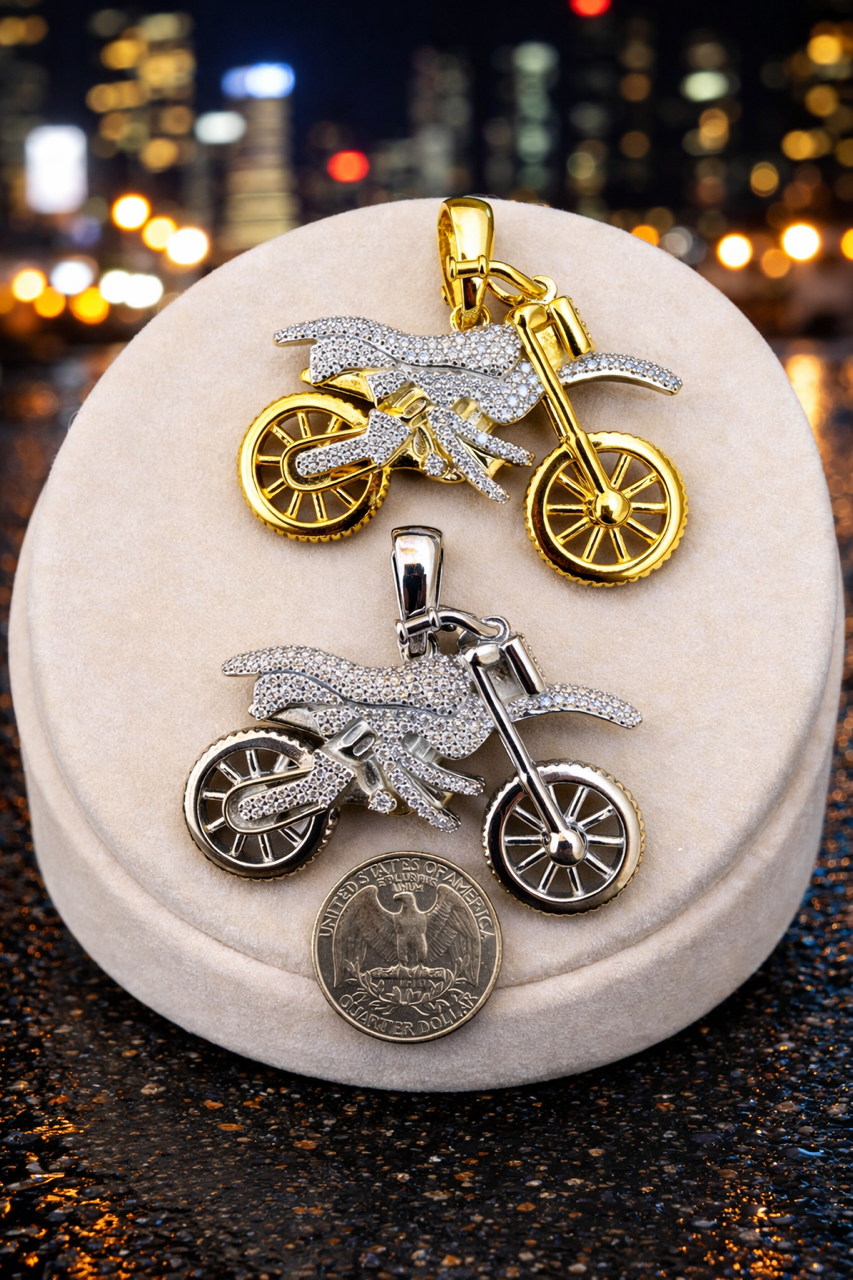 Moissanite Dirt Bike Motorcycle Pendant – Gold or Silver
