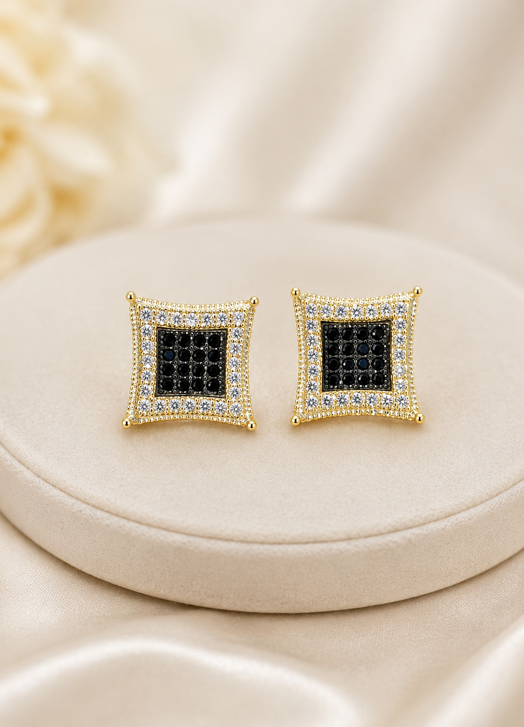 Men's 14K Gold Plated 925 Silver Iced Kite Black CZ Square Earrings Studs