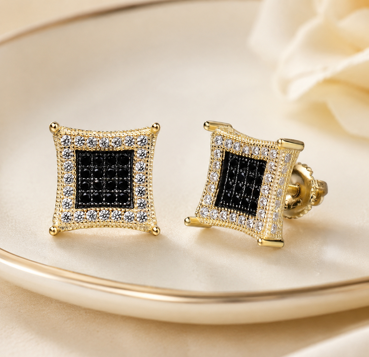 Men's 14K Gold Plated 925 Silver Iced Kite Black CZ Square Earrings Studs