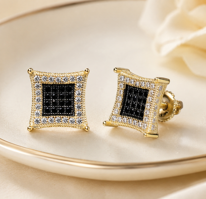 Men's 14K Gold Plated 925 Silver Iced Kite Black CZ Square Earrings Studs