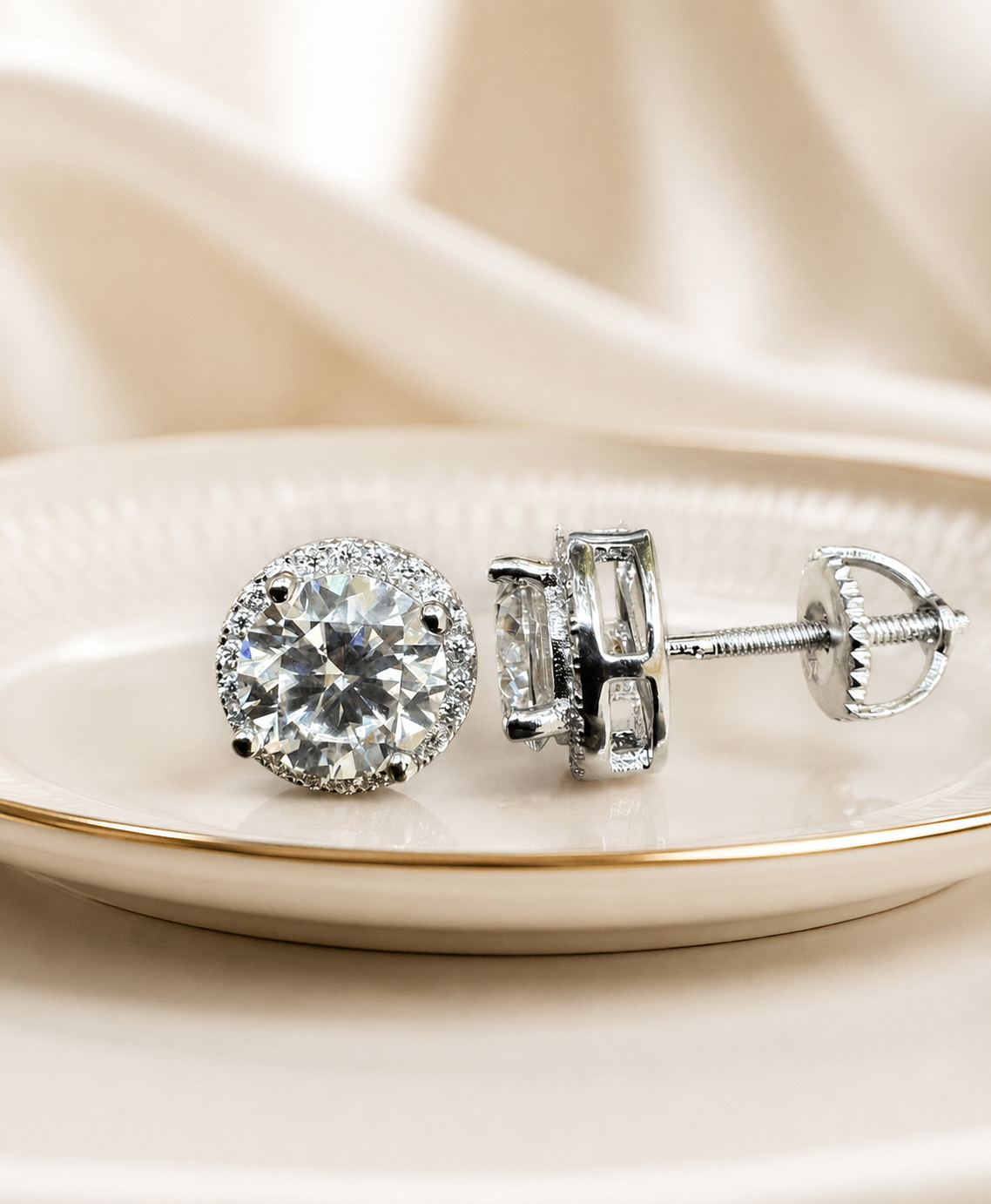 925 Sterling Silver Moissanite Halo Set Stud Earrings 7mm - 12mm