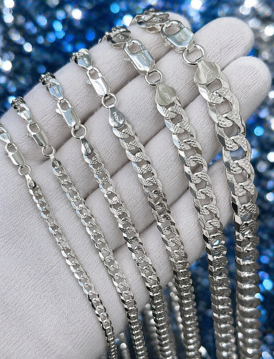 Diamond Cut FLAT Curb Cuban Chains Solid 925 Sterling Silver 3mm to 10.5mm