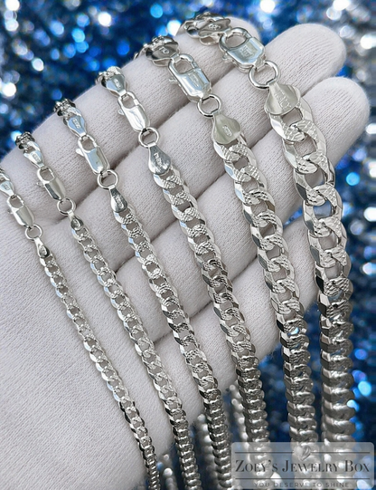 Diamond Cut FLAT Curb Cuban Chains Solid 925 Sterling Silver 3mm to 10.5mm