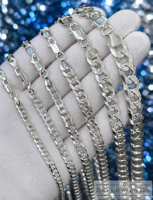 Diamond Cut FLAT Curb Cuban Chains Solid 925 Sterling Silver 3mm to 10.5mm