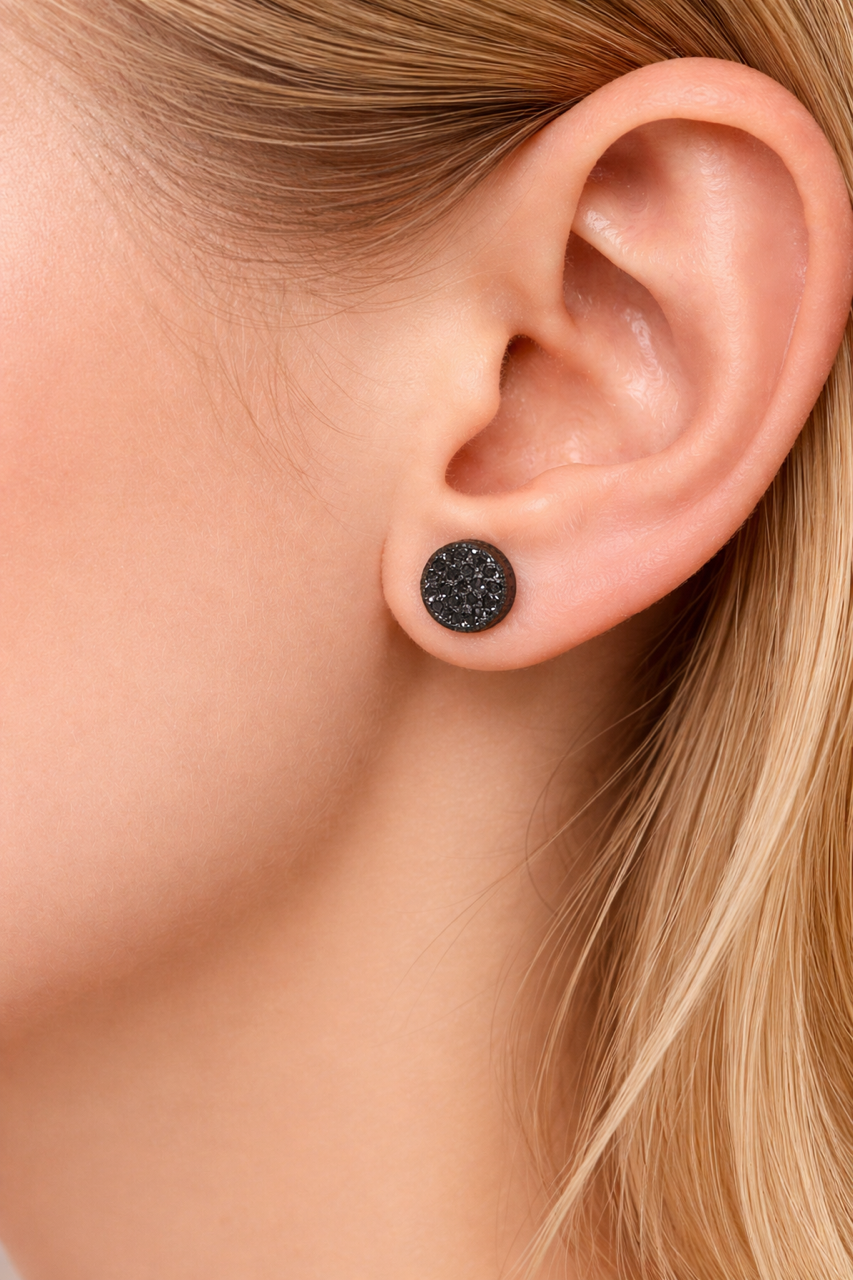 Iced Out Round Black 3D Stud Earrings - Screw Back Closure