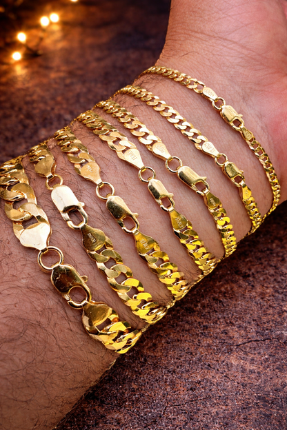 FLAT Curb Cuban Bracelets Gold Over Solid 925 Sterling Silver 3mm to 10.5mm