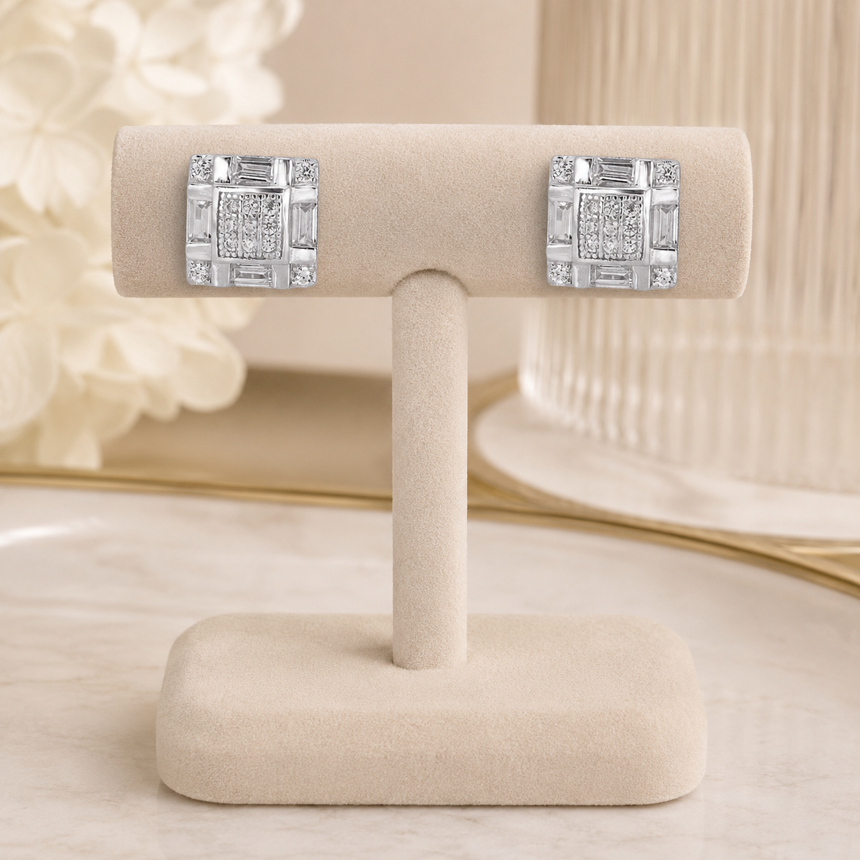 Modern Baguette Style Iced-Out Earrings Made From 925 Silver With CZ Stones, 8.5mm Size