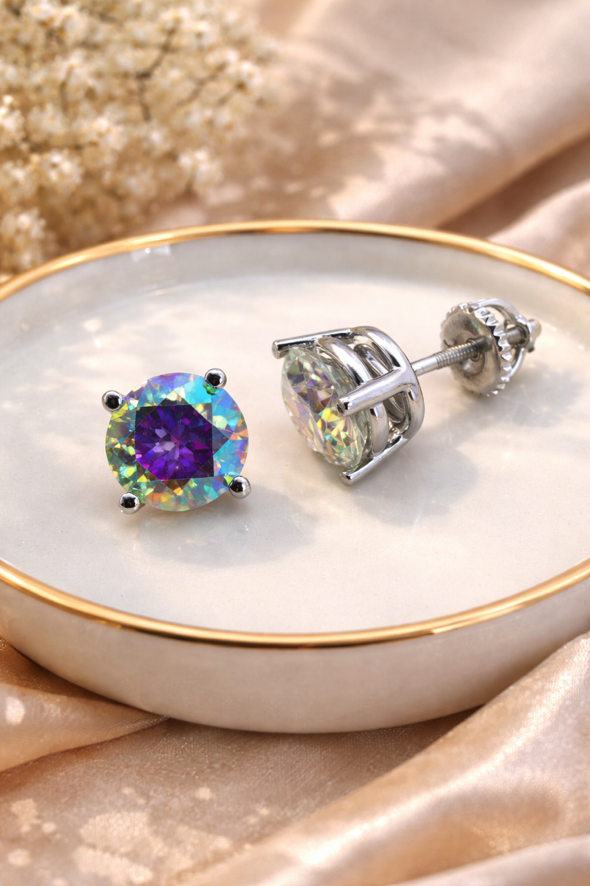 Rainbow Opal Moissanite 925 Sterling Silver Stud Earrings 3mm - 8mm Screw Backs