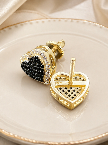 Black Ice CZ Heart Shape Stud Earrings – Gold Over 925 Sterling Silver
