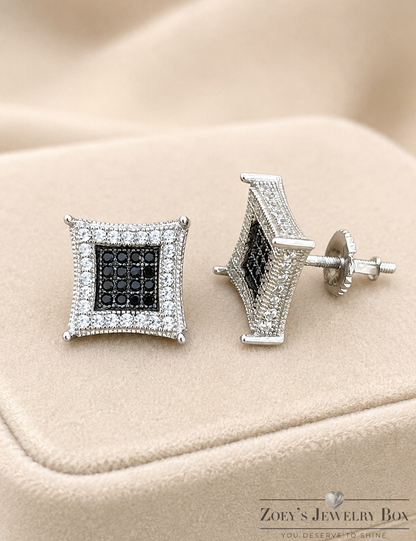 3D Kite Classic Iced Out Earrings (925 Silver, Black CZ Stones, 11.5mm)