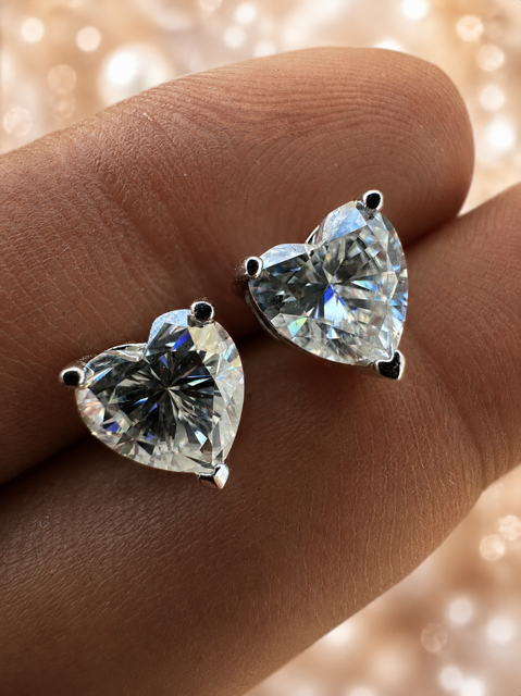 Sterling Silver Moissanite HEART Stud Earrings 3mm, 5mm, 7mm