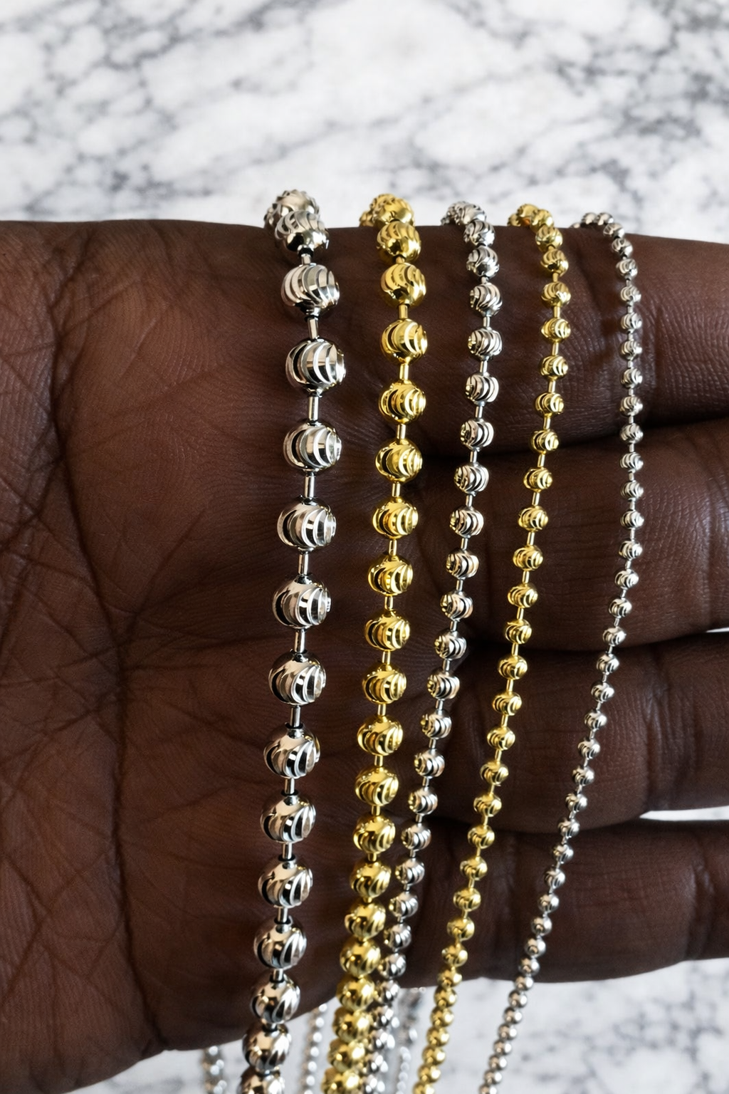 925 Sterling Silver Diamond Cut Moon Bead Chains for Men or Women Gold or Rhodium Finish