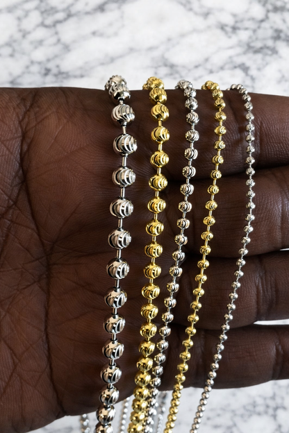 925 Sterling Silver Diamond Cut Moon Bead Chains for Men or Women Gold or Rhodium Finish