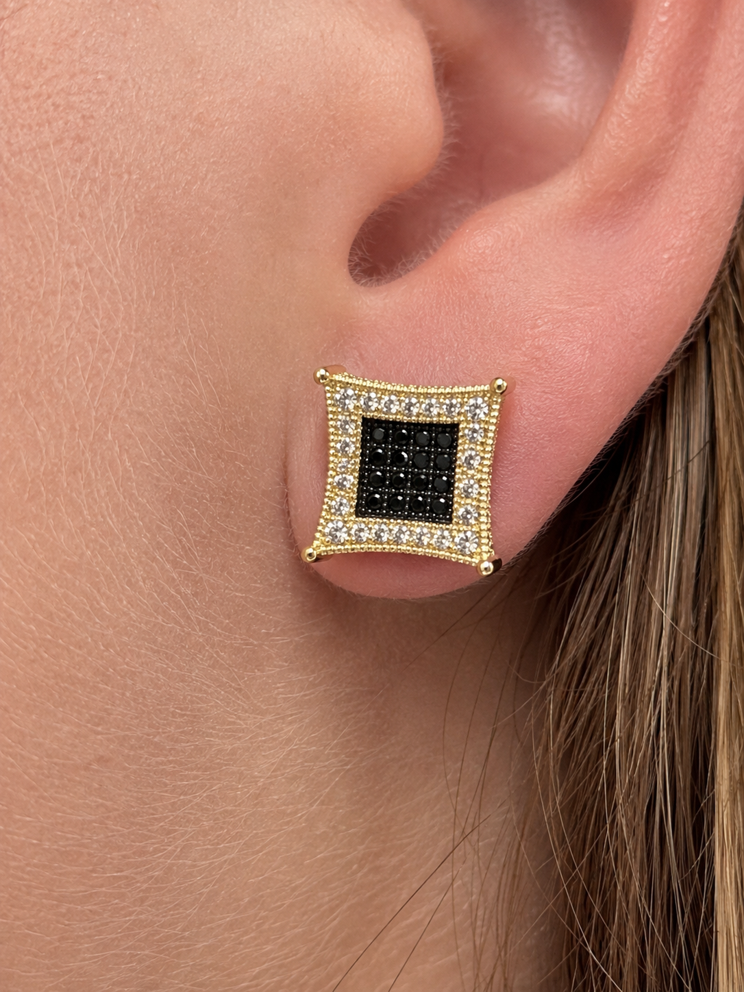 Men's 14K Gold Plated 925 Silver Iced Kite Black CZ Square Earrings Studs