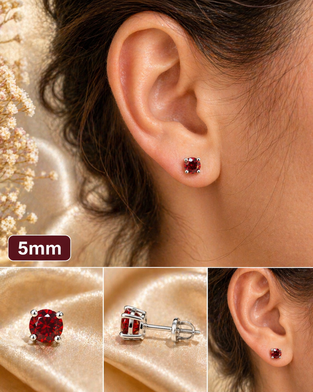 Ruby Red Moissanite 925 Sterling Silver Stud Earrings 3mm - 8mm Screw Backs